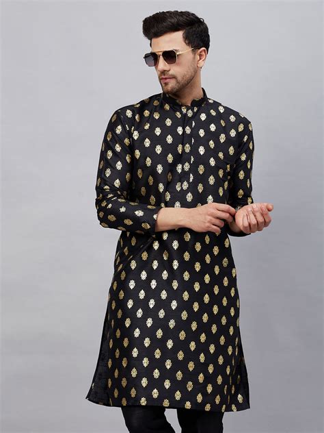 VM By VASTRAMAY Men's Black Foil Print Silk Blend Kurta – vastramay