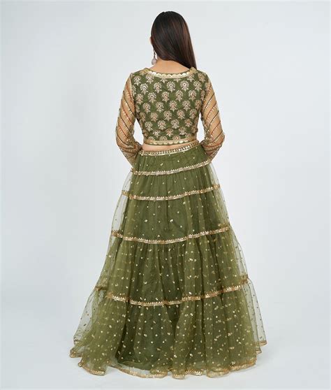Mehandi Green Tulle Mirror, Zari & Resham Work Tiered Lehenga, Choli ...