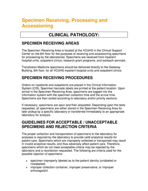 Specimen receiving - Specimens are received from inpatient hospital ...