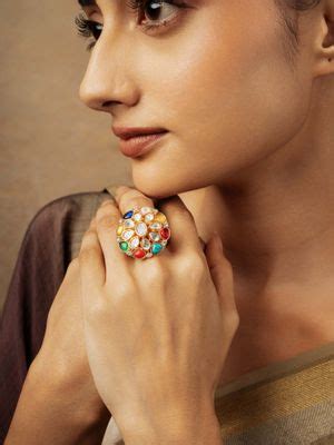 Buy Curio Cottage Meira Navratna Polki Adjustable Ring Online