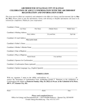 Fillable Online Archdiocesan Adult Confirmation - Registration Form Fax ...