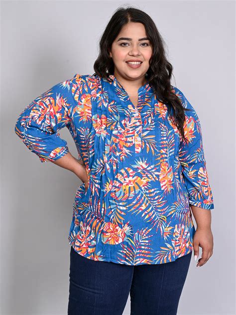 9 Impression Women Plus Size Blue & Orange Printed Pintuck Mandarin ...