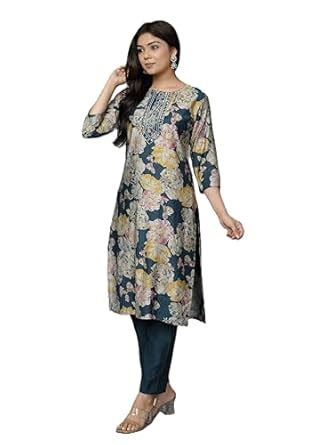 Buy JEEVKARAN JI Floral Print Vartican Silk A-Line Kurta with Pant Set ...