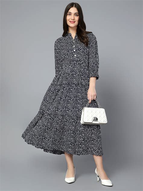 Women's Casual Mandarin Collar Navy Ditsy Print Fit & Flared Dress ...