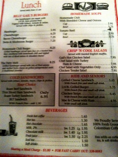 Menu at Billy Gail's cafe, Branson