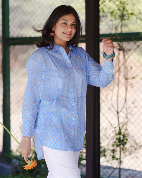 Blue Cotton Long Shirt Dress For Women – SassySajja
