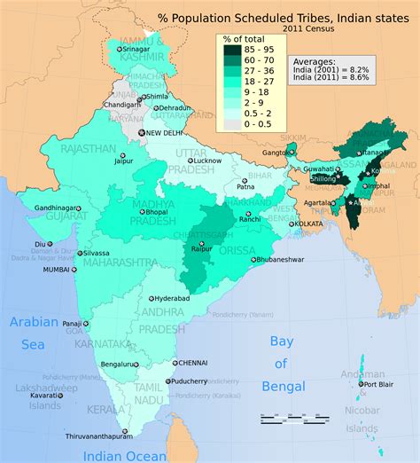 This demographic map shows Scheduled Tribes (ST) as a percent of each ...