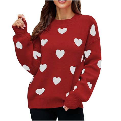 JGGSPWM Cute Heart Print Sweaters for Womens Valentines Day Tops Casual ...