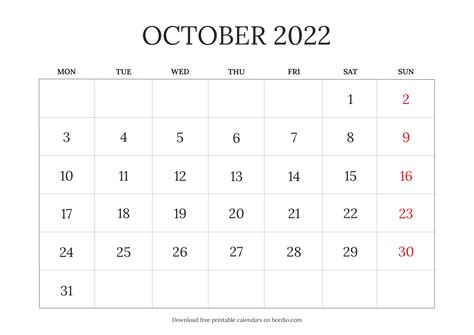October 2022 Printable Calendar Templates for Free in PDF - Bordio