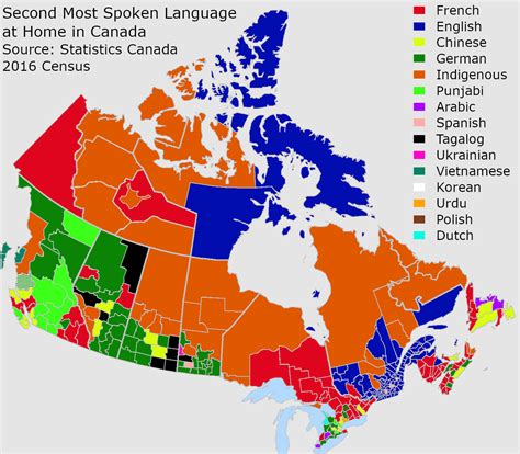 I made of map of the second most spoken languages at home in Canada : r ...