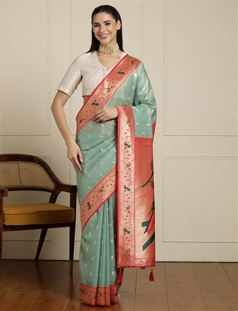 Paithani Woven Design Saree With Blouse in Sea Green and Orange – Sarha