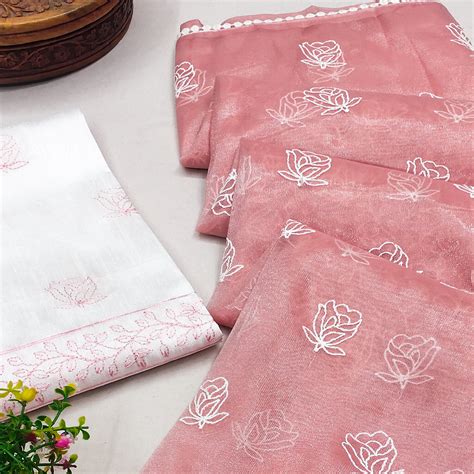 Peach Floral Embroidered Net Saree