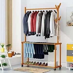 Naayaab Craft Bamboo Rolling Cloth Hanging Rail with 2 Shelves 4 Hooks ...