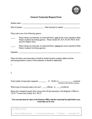 Fillable Online holynames-sea Transcripts: General Transcript Request ...