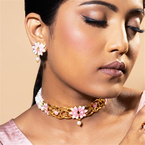 Buy Gold Plated Lotus Pearl Choker Necklace Set in Pink – Estele