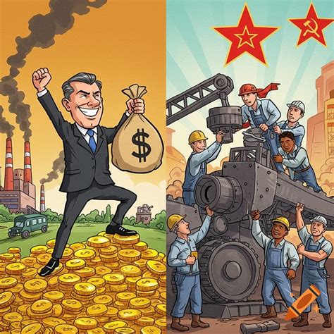 Political cartoon contrasting capitalism and communism on Craiyon