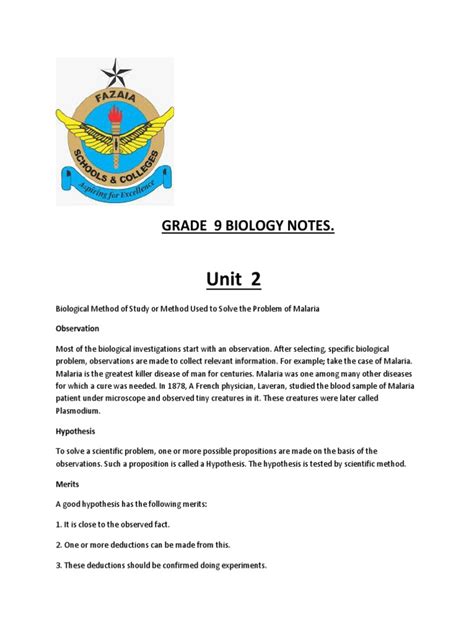 Biology Notes Grade 9 | PDF | Tissue (Biology) | Epithelium