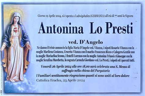 È deceduta la signora Antonina Lo Presti