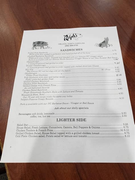 Menu at Ralph's Barbecue, Weldon
