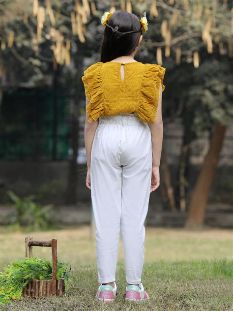 Cutiekins Solid Frilled Georgette Top & Trouser Set -Mustard & Off Whi