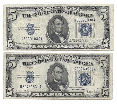 1934 $5 Silver Certificate Currency Lot of 2