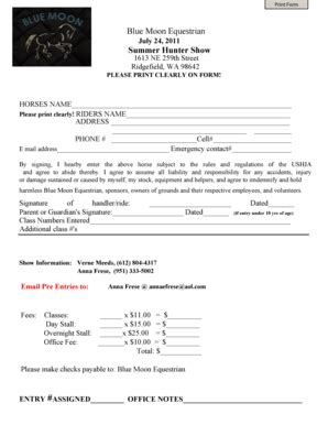 Fillable Online Blue Moon Equestrian Summer Hunter Show Fax Email Print ...
