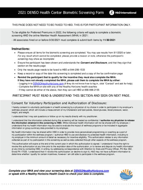 Fillable Online 2021 DENSO Health Center Biometric Screening Form Fax ...