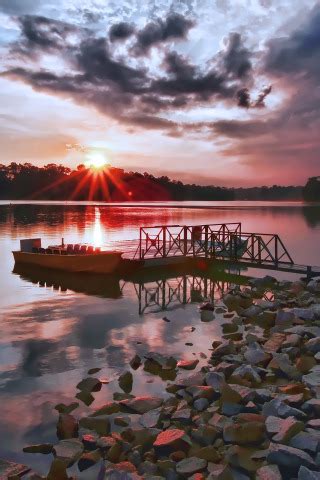Download wallpaper sunset, lake, stones, shore, boat, pier, section ...