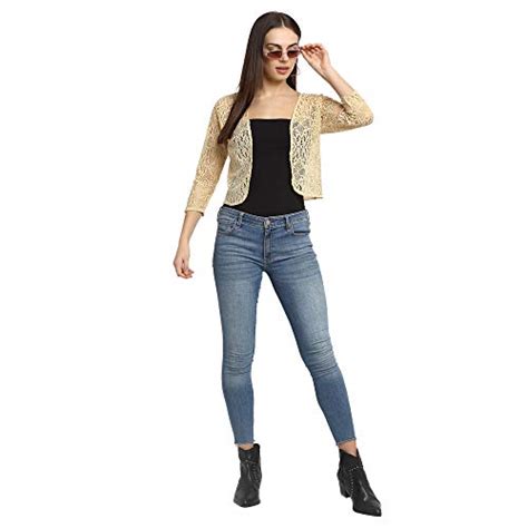 Buy UnaOne Women Beige Self Design 3/4th Sleeves Slim Fit Lace Shrug at ...