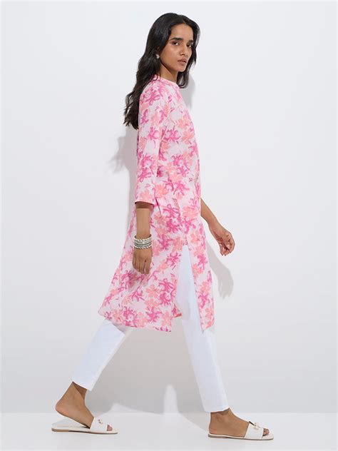 Buy Utsa Pink Floral Detailed Cotton Straight Kurta from Westside