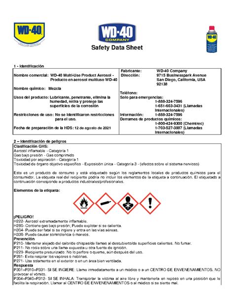 Hoja de seguridad WD-40 - Safety Data Sheet 1 - Identificación Nombre ...