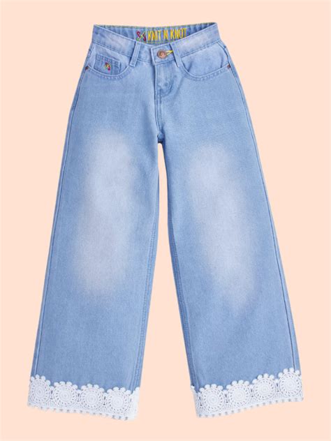 Knit N Knot Girls' Wide Flaring Fit High Waist Light Blue Jeans with F ...