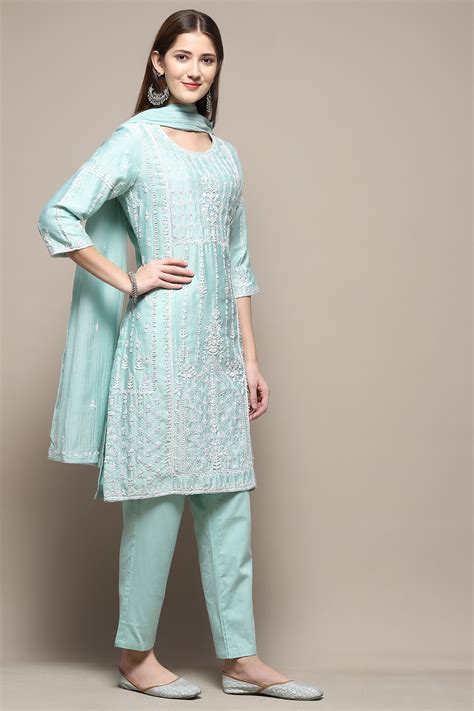 Aqua Cotton Blend Straight Kurta Pant Suit Set at Biba India