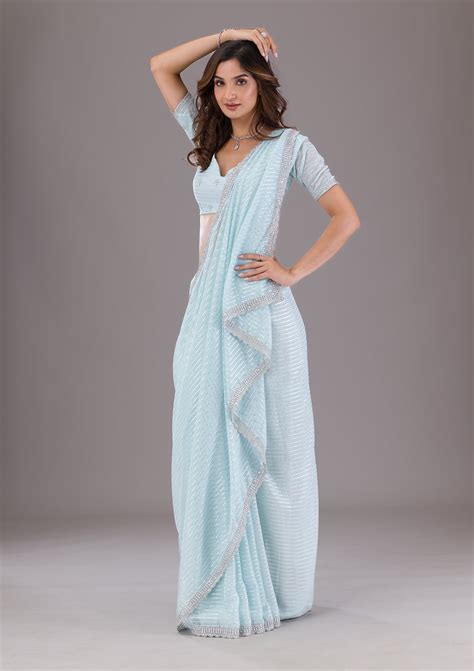 Buy Sky Blue Stonework Georgette Saree - Koskii