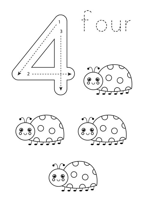 Premium Vector | Flashcard number 4 Preschool worksheet Black and white ...