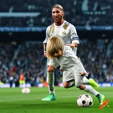Sergio Ramos slide tackling a child in a soccer match on Craiyon