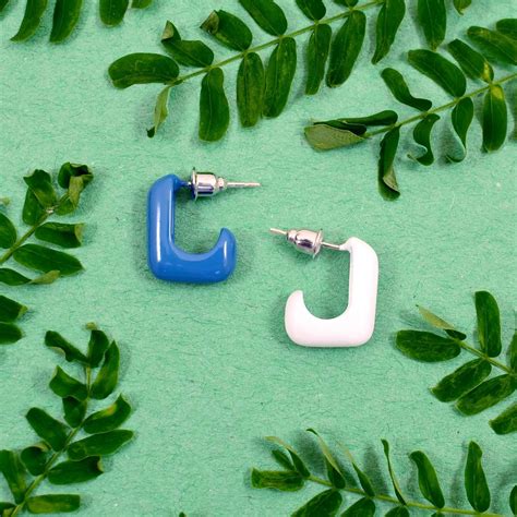 Asymmetric Square Enamel Small Hoop Earrings - Blue White | Salty ...