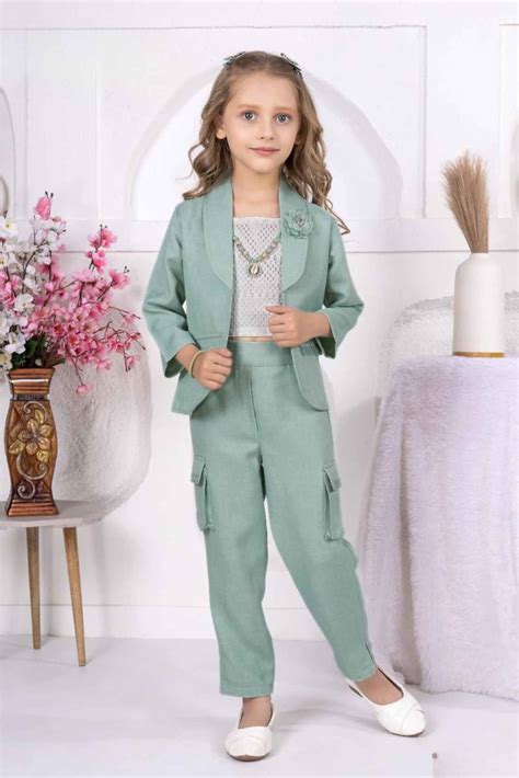 Stylish Mint Green And Cream Textured Design Top And Pant Set With Ove ...