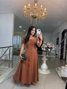 Women's Long Dress With Puff Sleeves And Front Buttons – Timeless ...