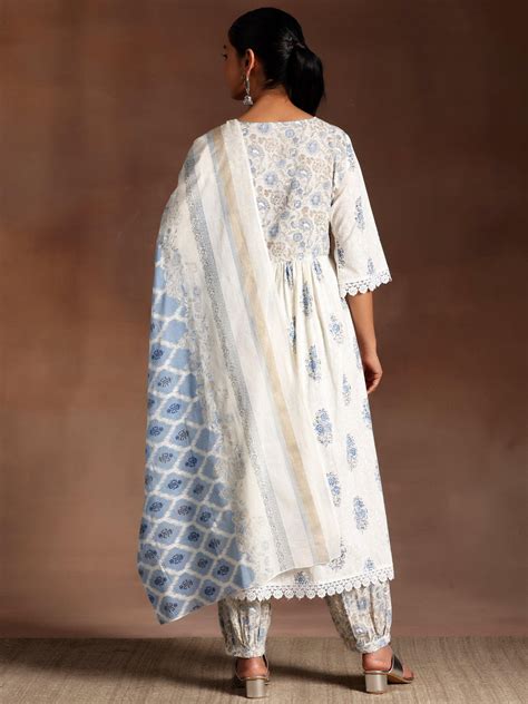 Buy Gauhar White Printed Cotton A-Line Kurta With Salwar & Dupatta ...