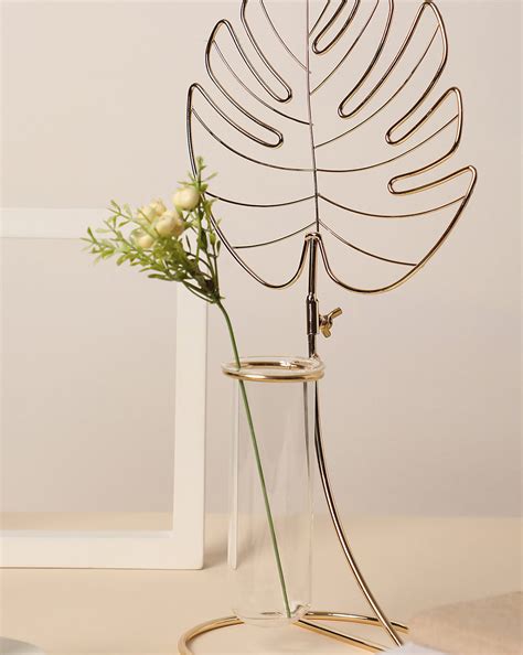 Bonhomie Gold Metal Wire Leaf Shaped Glass Test Tube Flower Vase For ...