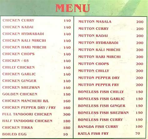 Menu at New Hanuman Pulao, Mysuru