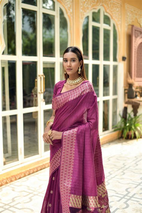 Jam Wine Cotton Silk Saree With Organza Pallu – Vishnu Weaves