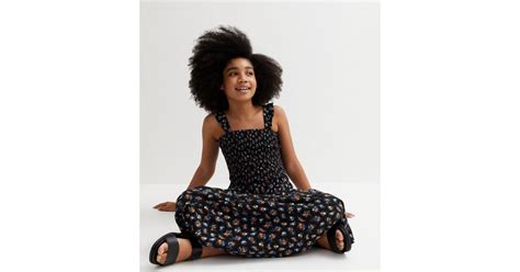 Girls Black Ditsy Floral Shirred Frill Midi Dress | New Look