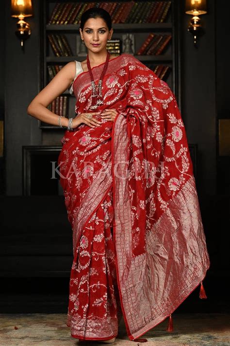 Buy Crimson Red Khaddi Banarasi Goergette Saree online-Karagiri