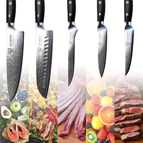 Buy LEVINCHY Damascus Kitchen Knife Set 6 Pieces, Black Premium G10 ...