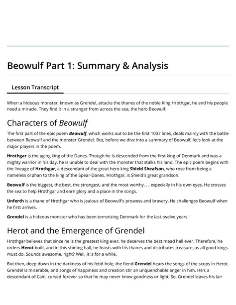 Beowulf Part 1: Summary & Analysis | Study notes Ancient history | Docsity