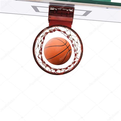 Bottom view of Basketball field goal with Basketball ball — Stock Photo ...