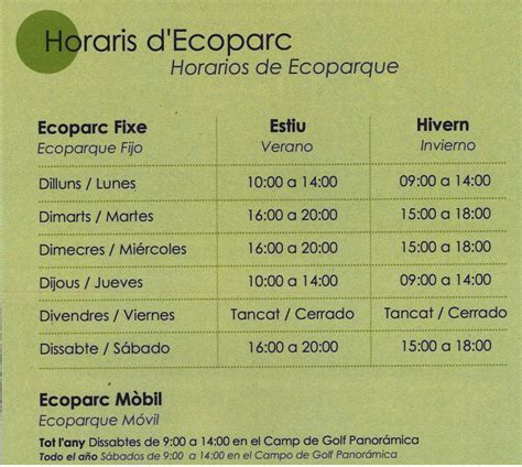 HORARIO ECOPARQUE.