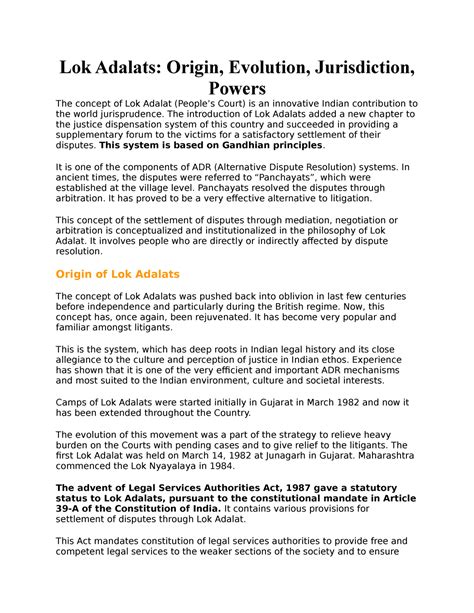 Lok adalat notes - Lok Adalats: Origin, Evolution, Jurisdiction, Powers ...